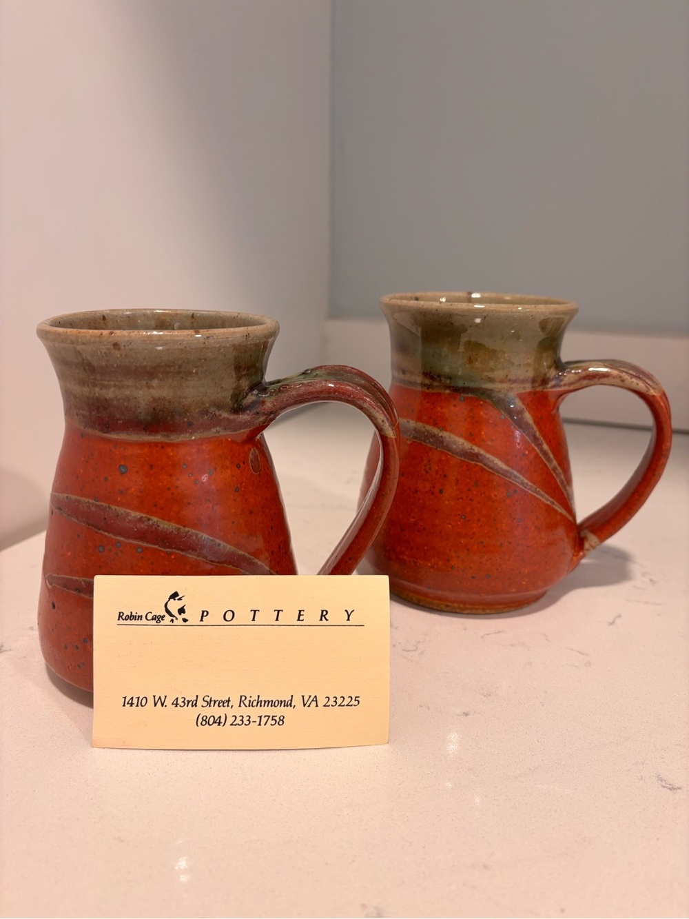 One of a kind from artist Robin Cage-Rustic Red Ceramic Mug with Olive Rim
